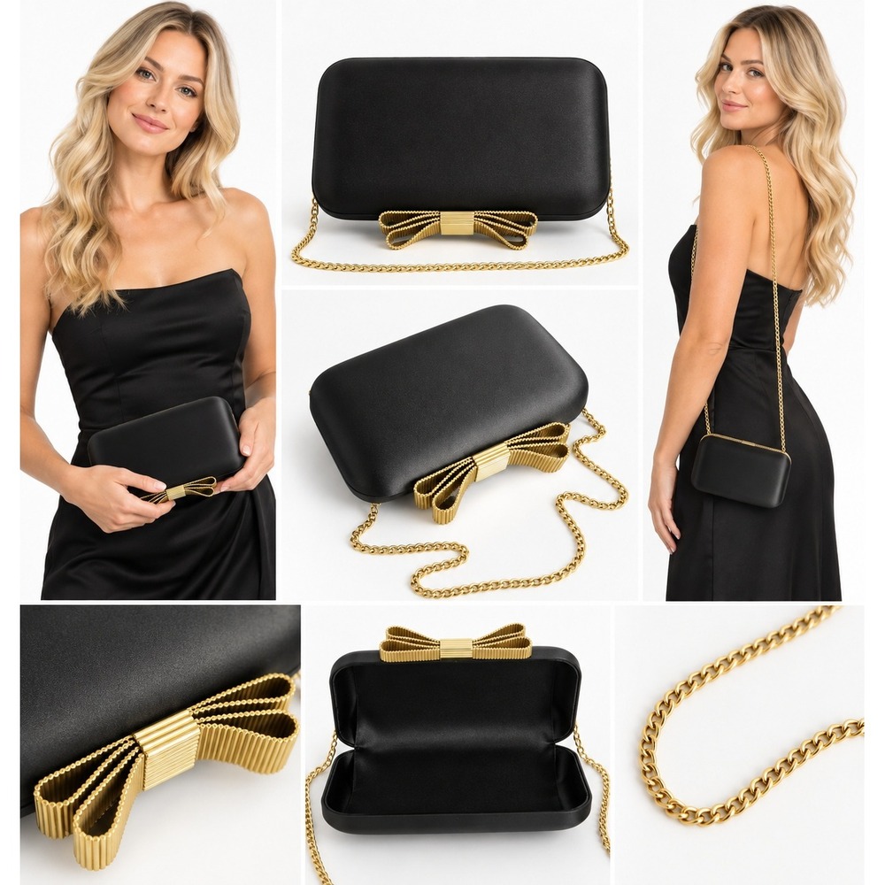 Talbots Black Satin Minaudiere Clutch Gold Bow Chain Evening Bag Wedding Gala